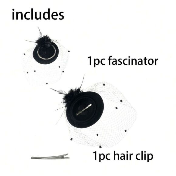 🖤 Pinup Accessory 1950s Retro Vintage Fascinator Black Pillbox Pearl Veil Hat - Picture 7 of 9